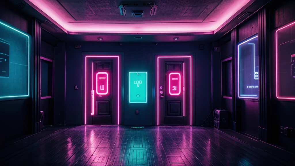 Large empty hall, cyberpunk style, neon lights, neon door in the center of the living room, Rich in details, cinematographic, large LED panel on the background wall