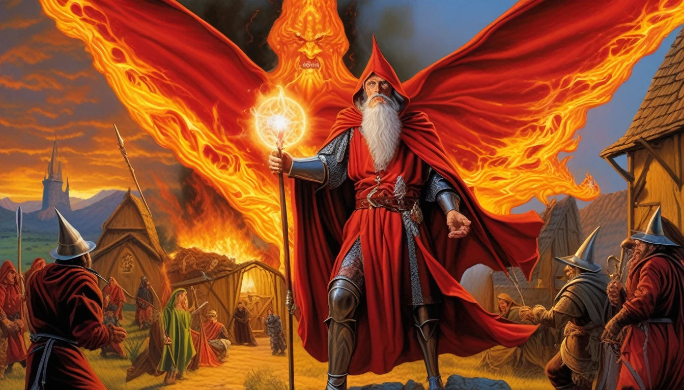Highly detailed, UHD, 32k, medieval fantasy, heavy metal magazine cover, larry elmore style, oil on canvas, An evil cowled wizard clad in red and yellow, holding a magical fire staff with a red crystal, casting fire orbs at a village, with villagers in panic amidst the fires