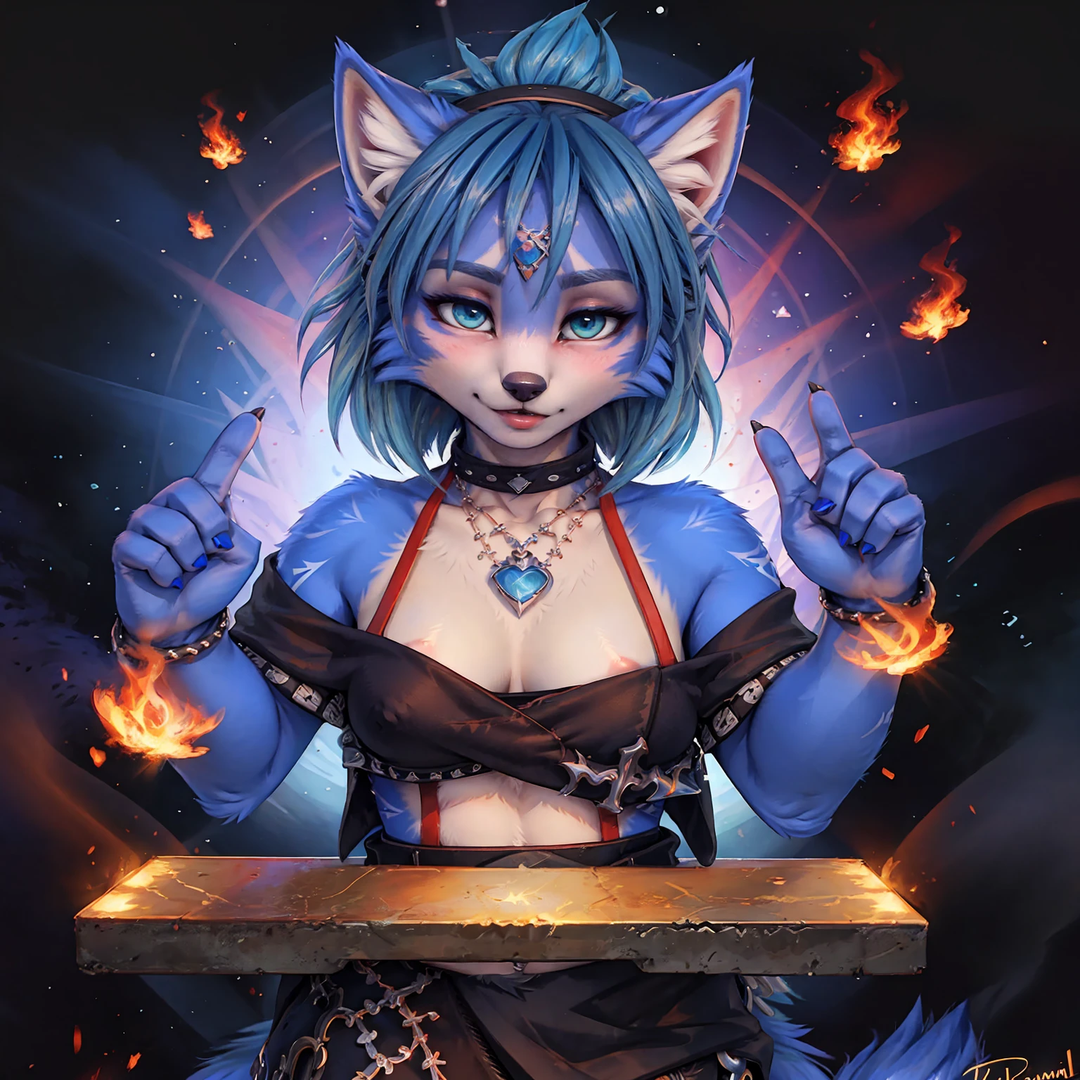 A beautiful and detailed (sweet picture) of ((Krystal)), Star Fox Krystal,  green eyes, medium breasts, (((Long blue hair 1.3))),  anthro, furry, (of Fluff-Kevlar, Bayard Wu, Personalami, Pino Daeni),  detailed fluffy fur, detailed face, (fluffy), 1 girl, alone, Haare bedecken ein Auge:1.4, großes glückliches Lächeln, giving you a thumbs hoch, 