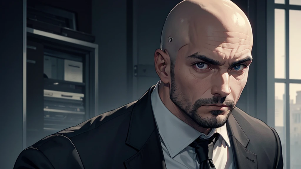 a man in a black suit,eyes black, baldie,without hair and without beard or mustache looking like a bad psychopath