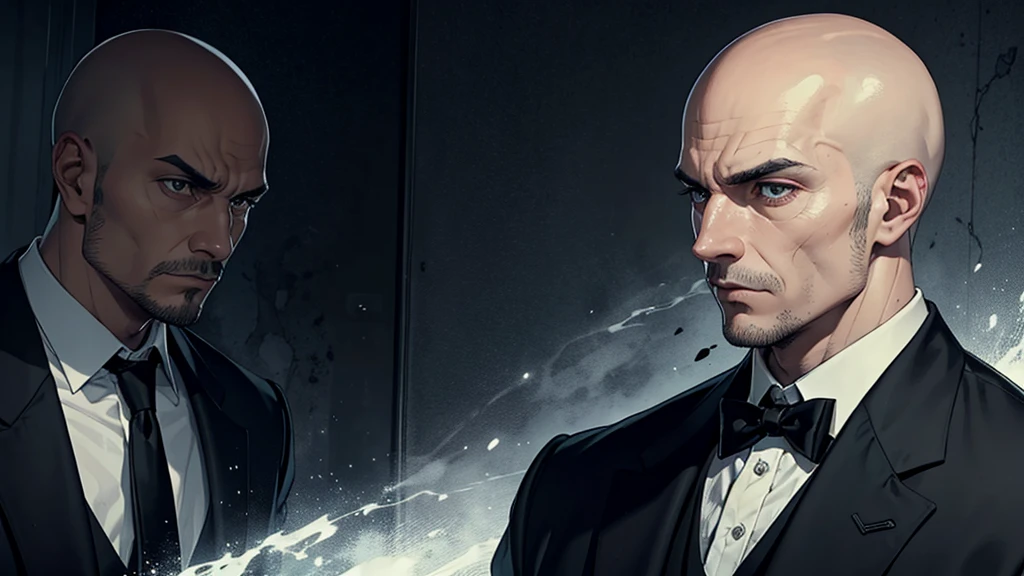 a man in a black suit,eyes black, baldie,without hair and without beard or mustache looking like a bad psychopath