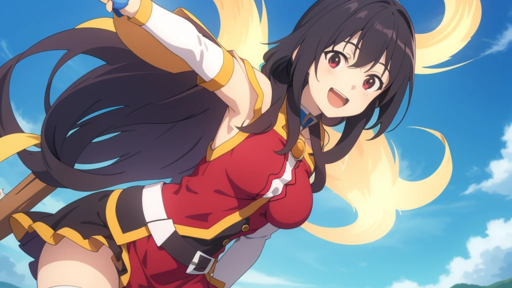 Skinny Megumi, a masterpiece, of the best quality, fan-made art, drawn with digital graphics. The main character from the anime "Konosuba" stands in a distinctive pose, wearing her usual outfit. She gazes directly at the viewer with wide-open eyes full of joy, smiling radiantly, conveying her carefree and friendly nature. Her left arm is raised and slightly bent at the elbow, with the palm facing forward. Her right hand holds the magic staff, lowered and relaxed.
The overall background of the image is bright and colorful, enhancing the cheerfulness of the scene.