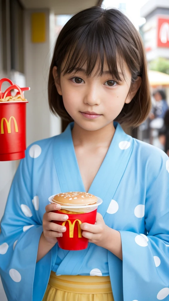 10 year old girl Japanese Light blue yukata Realistic Skin eating McDonald's Big Mac
