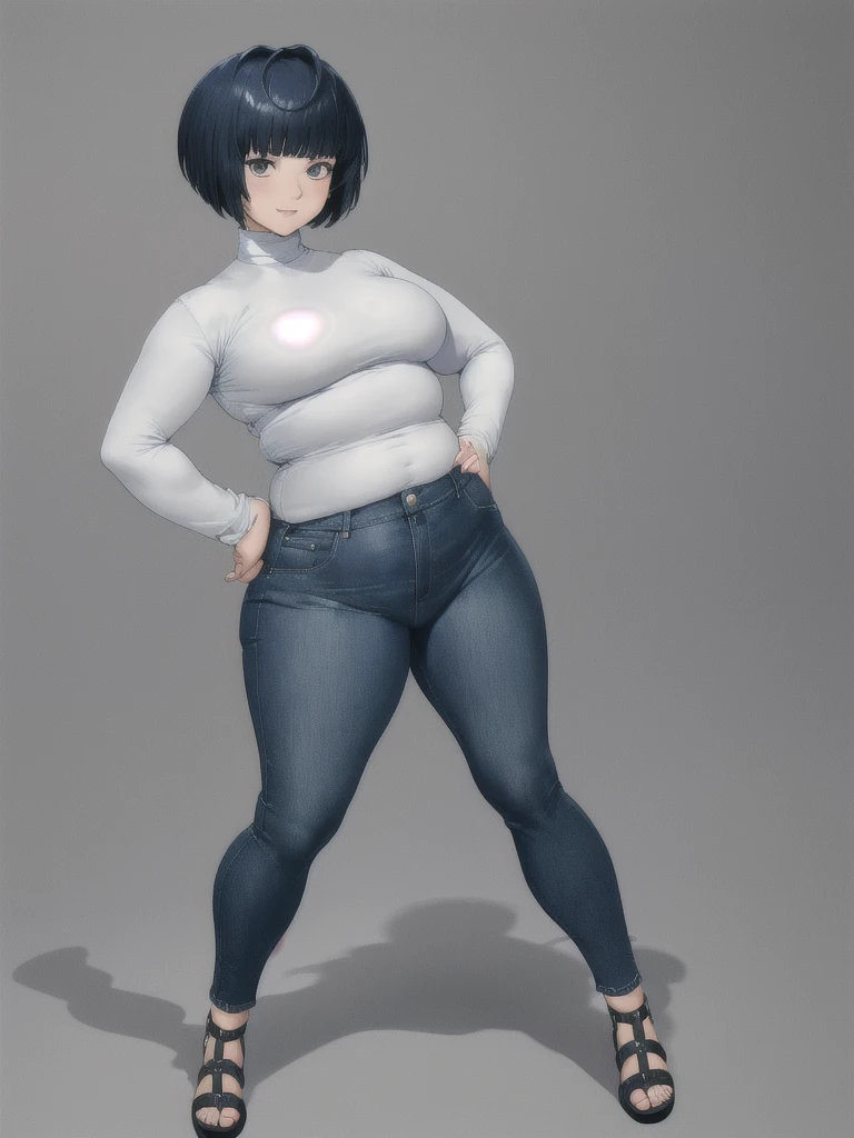 height 150cm, Bow legs, Beautiful face but chubby face, Chubby tae takemi, Hands on hips, Stand up straight, ((Full body)), (low head 1.5), A little chubby body type and small breasts, masterpiece, tight denim pants, ((small breasts)), thick legs++, Full body+, Solo, Swollen face, 1 woman, (white long sleeve tutleneck 1.5,) (tight turtle neck 1.5), white turtle neck, navy blue Denim pants, thick thighs, low rise navy blue denim pants, solo, simple background, masterpiece, best quality, black hair, short hair, A chubby figure that seems real, smile, High saturation