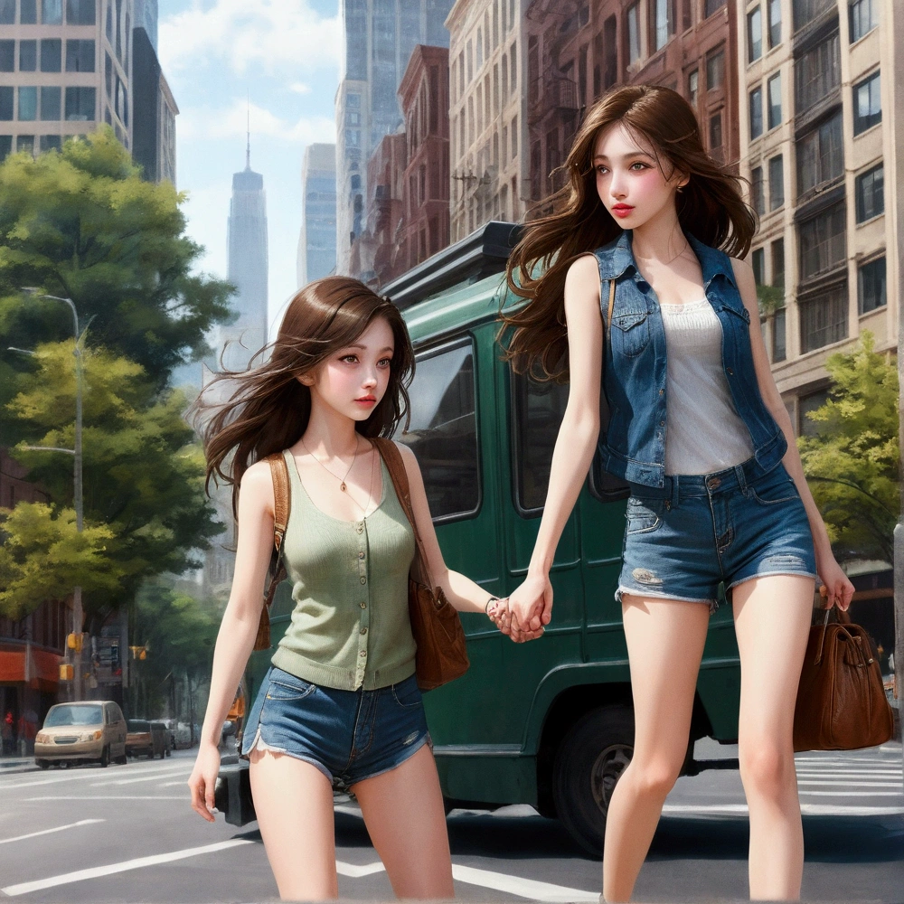 (two women walking across a street holding hands, high detail, detailed faces, beautiful detailed eyes, beautiful detailed lips, extremely detailed eyes and face, long eyelashes, detailed clothing, beautiful, photorealistic, 8k, high resolution, hyper detailed, intricate details, cinematic lighting, soft natural lighting, warm color palette, vibrant colors, realistic textures, atmospheric, architectural background, urban setting, cityscape, street, crosswalk, photographic, fine art photography style)