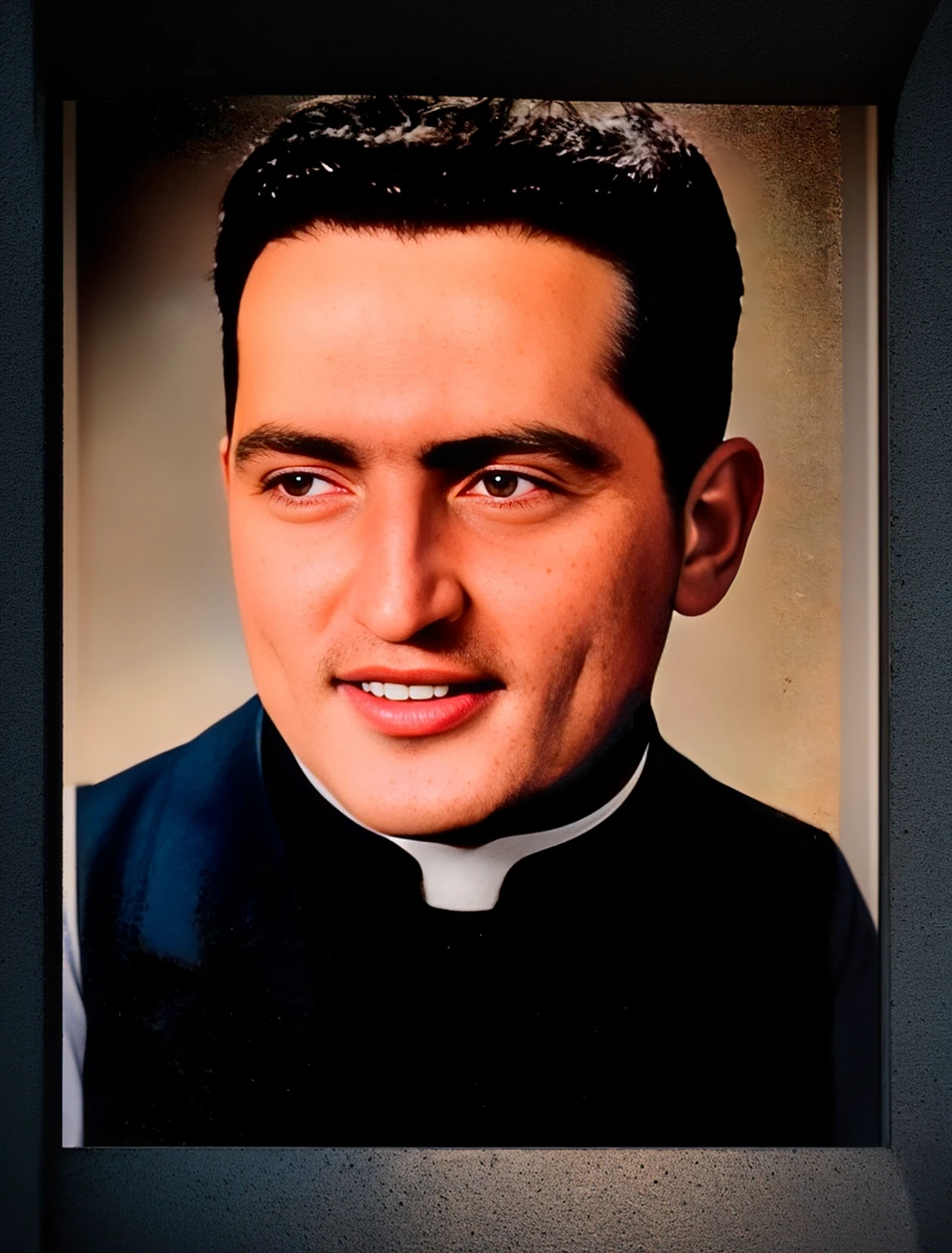 Por favor, expand this image: complete the priest's black cassock