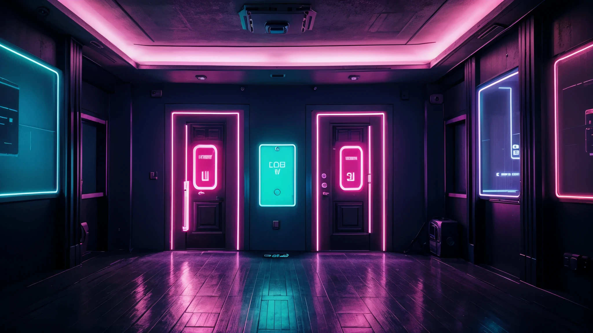 Large empty hall, cyberpunk style, neon lights, neon door in the center of the living room, Rich in details, cinematographic, large LED panel on the background wall