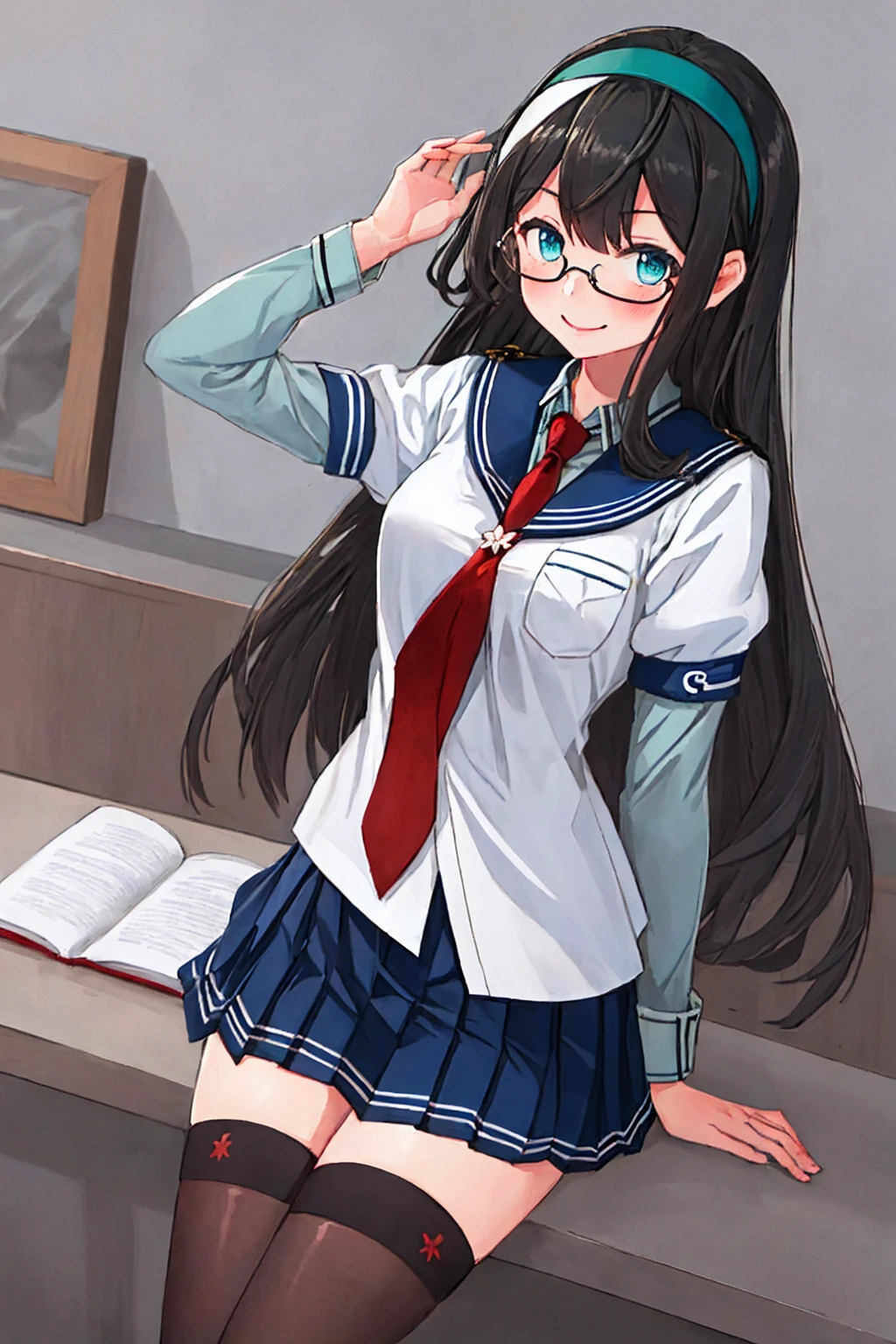 best quality, masterpiece, highres, solo, {ooyodo_kantaicollection:1.15}, black_hair, long_hair, glasses, hairband, semi-rimless_eyewear, under-rim_eyewear, blue_eyes, green_eyes, blush,small_breasts, 1girl, school_uniform, serafuku, pleats_skirt, looking_at_viewer, necktie, harbor_town_background, red_necktie,(angry:0.7),smile,thigh-highs,sitting,open_mouth,,selfie,rough,