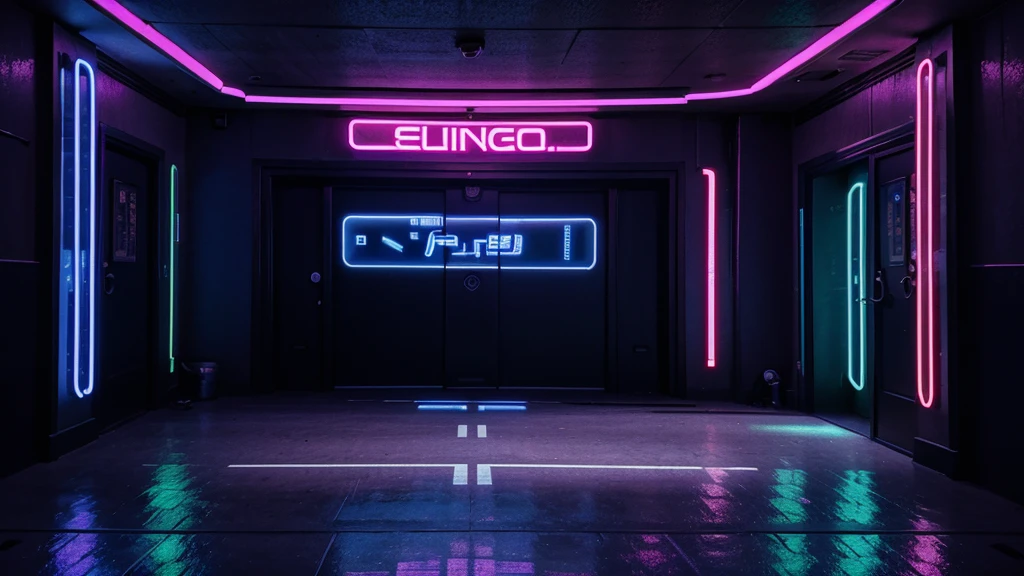 Large empty hall, cyberpunk style, neon lights, a neon door in the center of the living room, Rich in details, cinematographic, large LED panel on the background wall