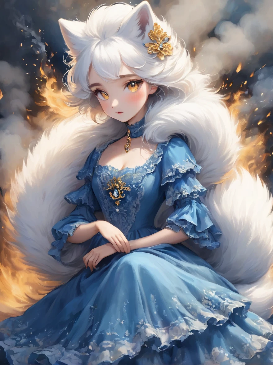 (best quality,masterpiece:1.2,detailed details),(1 cute arctic fox, gold eyes, fluffy hair),(blue victorian style dress), dark, engulfed in smoke