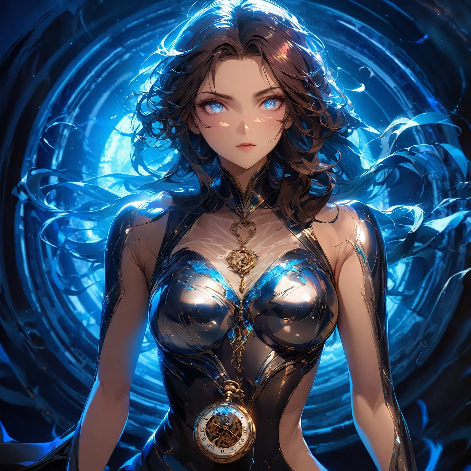 A determined and focused girl with a calm intensity in her eyes, (nude:0.8), slightly distant as if seeing through time. She has long, flowing hair with streaks of silver and blue that shimmer and change with the light. Her deep blue eyes have flecks of gold, symbolizing her connection to infinite timelines. She wears a form-fitting, high-tech bodysuit in shades of midnight blue and silver, adorned with clock gear and constellation patterns. In a dynamic, slightly crouched position, one foot forward as if stepping through a portal. Her right hand extends forward, fingers splayed and glowing with ethereal light, while her left hand cradles an antique pocket watch close to her chest. Surrounded by swirling, translucent time streams that shimmer with iridescent colors. The background is a swirling vortex of temporal energy, with fragments of ancient ruins, futuristic cities, and natural landscapes blending seamlessly. The colors are vibrant and constantly shifting, creating a surreal and timeless environment. She exudes confidence and mastery over her time-manipulating powers, with a semi-transparent, shifting cape trailing behind her, detailed gorgeous face| anime style| key visual| intricate detail| highly detailed| breathtaking| vibrant| panoramic| cinematic| Carne Griffiths| Conrad Roset| gibbli 8k