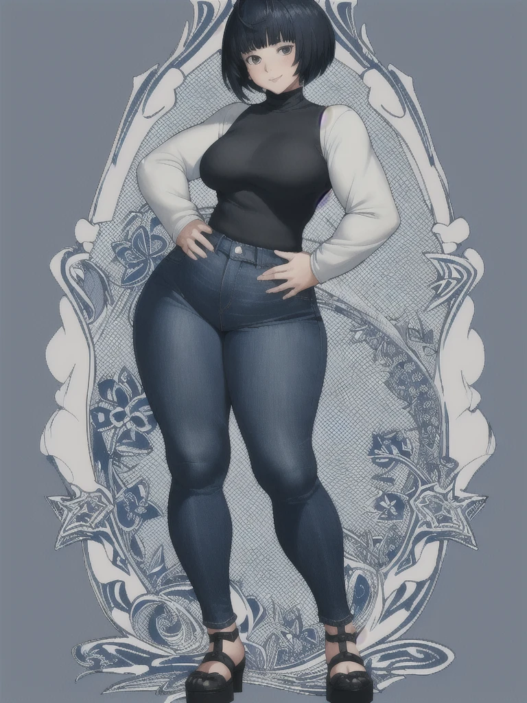 height 150cm, Bow legs, Beautiful face but chubby face, Chubby tae takemi, Hands on hips, ((Stand up straight)), ((Full body)), (low head 1.5), A little chubby body type and small breasts, masterpiece, tight denim pants, ((small breasts)), thick legs++, Full body+, Solo, Swollen face, 1 woman, (white long sleeve tutleneck 1.5,) (tight turtle neck 1.5), white turtle neck, navy blue Denim pants, thick thighs, low rise navy blue denim pants, solo, simple background, masterpiece, best quality, black hair, short hair, A chubby figure that seems real, smile, High saturation