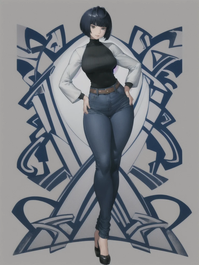 height 150cm, Bow legs, Beautiful face but chubby face, Chubby tae takemi, Hands on hips, ((Stand up straight)), ((Full body)), (low head 1.5), A little chubby body type and small breasts, masterpiece, tight denim pants, ((small breasts)), thick legs++, Full body+, Solo, Swollen face, 1 woman, (white long sleeve tutleneck 1.5,) (tight turtle neck 1.5), white turtle neck, navy blue Denim pants, thick thighs, low rise navy blue denim pants, solo, simple background, masterpiece, best quality, black hair, short hair, A chubby figure that seems real, smile, High saturation