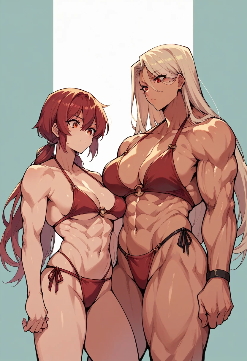 2 girls, red bikini , 1 tall muscular girl , 1 short girl , long hair , cute face