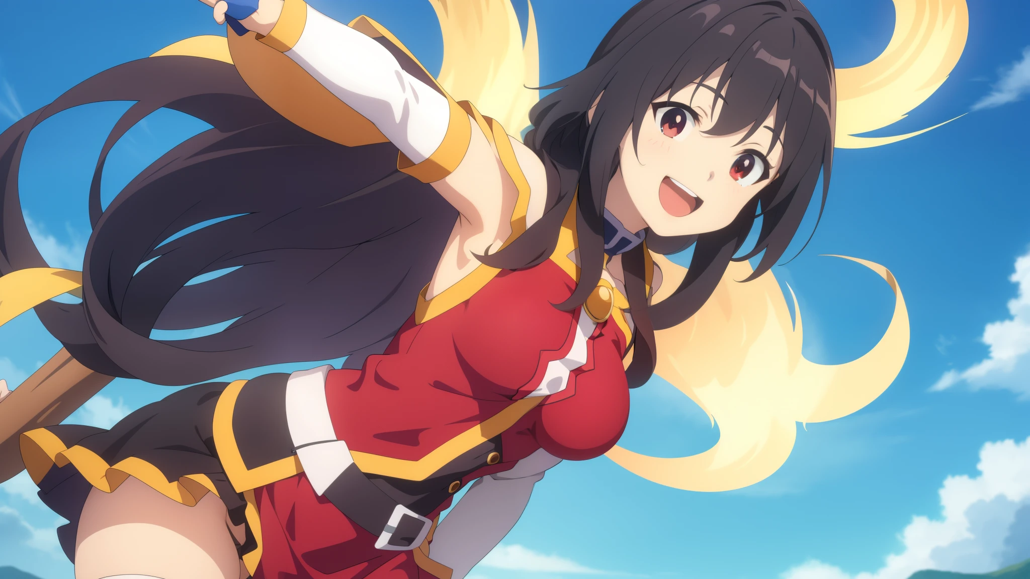 Skinny Megumi, a masterpiece, of the best quality, fan-made art, drawn with digital graphics. The main character from the anime "Konosuba" stands in a distinctive pose, wearing her usual outfit. She gazes directly at the viewer with wide-open eyes full of joy, smiling radiantly, conveying her carefree and friendly nature. Her left arm is raised and slightly bent at the elbow, with the palm facing forward. Her right hand holds the magic staff, lowered and relaxed.

The overall background of the image is bright and colorful, enhancing the cheerfulness of the scene.