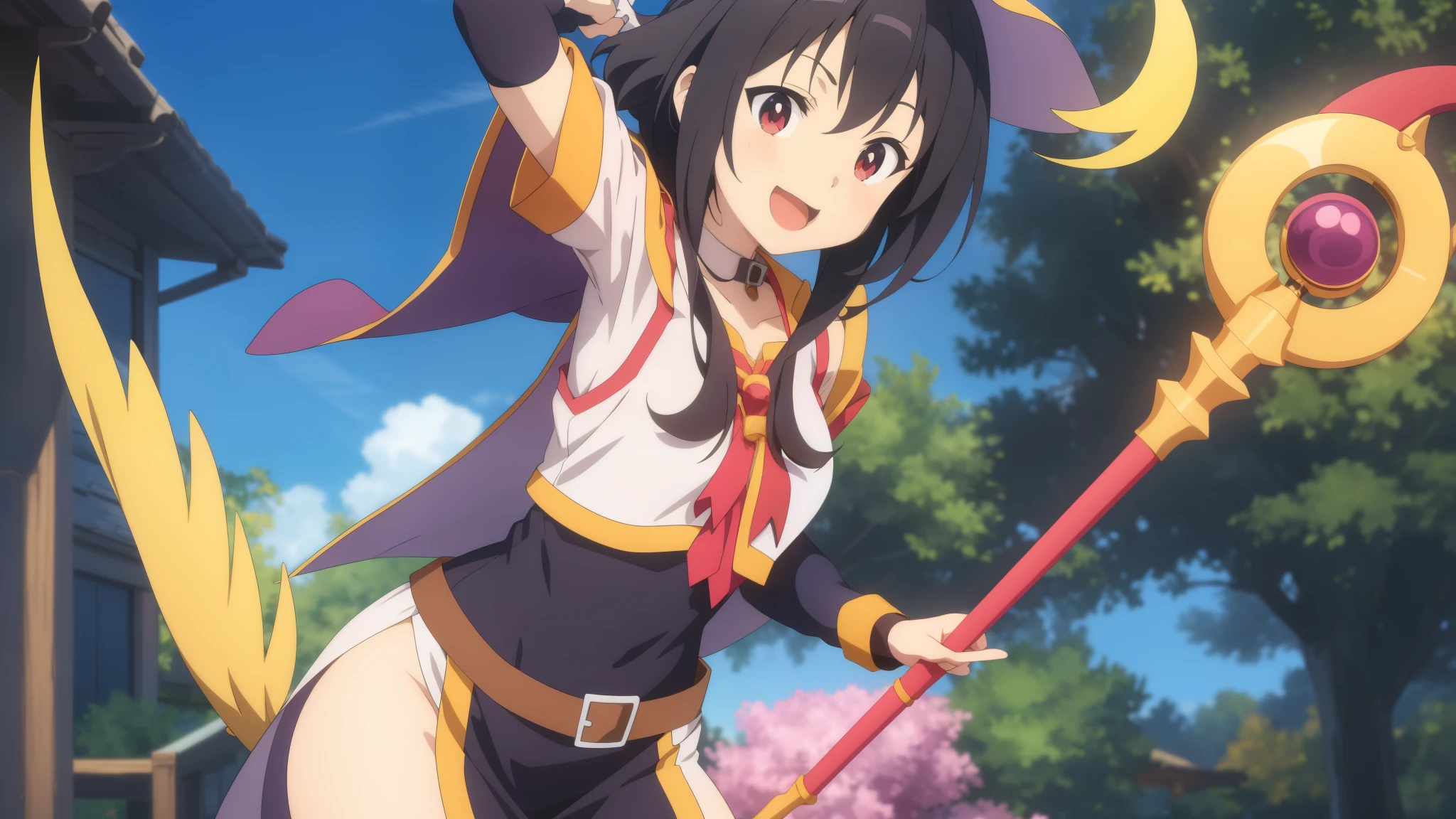 Skinny Megumi, a masterpiece, of the best quality, fan-made art, drawn with digital graphics. The main character from the anime "Konosuba" stands in a distinctive pose, wearing her usual outfit. She gazes directly at the viewer with wide-open eyes full of joy, smiling radiantly, conveying her carefree and friendly nature. Her left arm is raised and slightly bent at the elbow, with the palm facing forward. Her right hand holds the magic staff, lowered and relaxed.
The overall background of the image is bright and colorful, enhancing the cheerfulness of the scene.