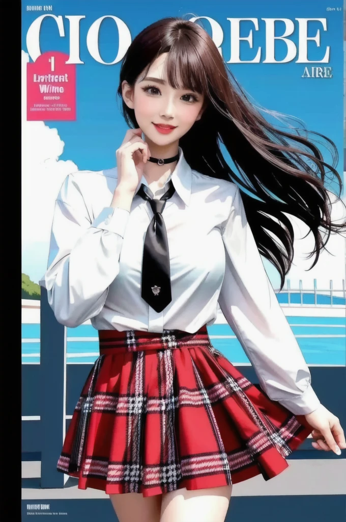 masterpiece, best quality, full body, 1girl, bangs, black choker, black necktie, black hair, blue skirt, blush, bracelet, breasts, choker, clothes around waist, collarbone, collared shirt, cowboy shot, dress shirt, ear piercing, eyebrows visible through hair, gradient hair, grin, gyaru, jewelry, kogal, long hair, looking at viewer, loose necktie, necktie, piercing, plaid, plaid skirt, pleated skirt, red eyes, ring, , shirt, skirt, smile, solo, white shirt, street, sky, cherry blossoms, petals,illustration, (magazine:1.3), (cover-style:1.3), fashionable, woman, vibrant, outfit, posing, front, colorful, dynamic, background, elements, confident, expression, holding, statement, accessory, majestic, coiled, around, touch, scene, text, cover, bold, attention-grabbing, title, stylish, font, catchy, headline, larger, striking, modern, trendy, focus, fashion,