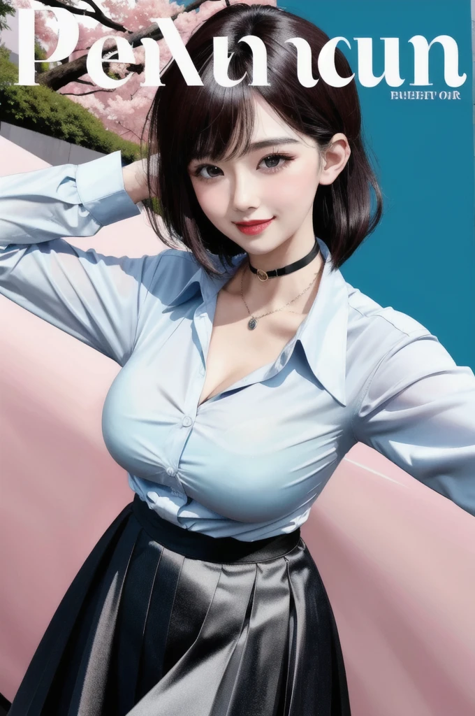 masterpiece, best quality, full body, 1girl, bangs, black choker, black necktie, black hair, blue skirt, blush, bracelet, breasts, choker, clothes around waist, collarbone, collared shirt, cowboy shot, dress shirt, ear piercing, eyebrows visible through hair, gradient hair, grin, gyaru, jewelry, kogal, long hair, looking at viewer, loose necktie, necktie, piercing, plaid, plaid skirt, pleated skirt, red eyes, ring, , shirt, skirt, smile, solo, white shirt, street, sky, cherry blossoms, petals,illustration, (magazine:1.3), (cover-style:1.3), fashionable, woman, vibrant, outfit, posing, front, colorful, dynamic, background, elements, confident, expression, holding, statement, accessory, majestic, coiled, around, touch, scene, text, cover, bold, attention-grabbing, title, stylish, font, catchy, headline, larger, striking, modern, trendy, focus, fashion,