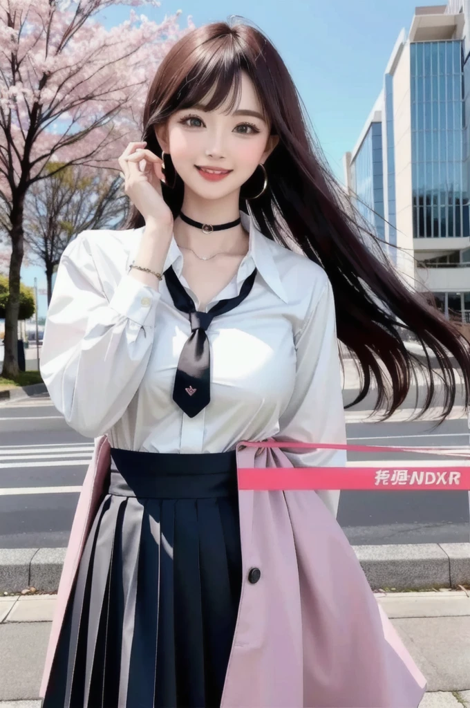 masterpiece, best quality, full body, 1girl, bangs, black choker, black necktie, black hair, blue skirt, blush, bracelet, breasts, choker, clothes around waist, collarbone, collared shirt, cowboy shot, dress shirt, ear piercing, eyebrows visible through hair, gradient hair, grin, gyaru, jewelry, kogal, long hair, looking at viewer, loose necktie, necktie, piercing, plaid, plaid skirt, pleated skirt, red eyes, ring, , shirt, skirt, smile, solo, white shirt, street, sky, cherry blossoms, petals,illustration, (magazine:1.3), (cover-style:1.3), fashionable, woman, vibrant, outfit, posing, front, colorful, dynamic, background, elements, confident, expression, holding, statement, accessory, majestic, coiled, around, touch, scene, text, cover, bold, attention-grabbing, title, stylish, font, catchy, headline, larger, striking, modern, trendy, focus, fashion,