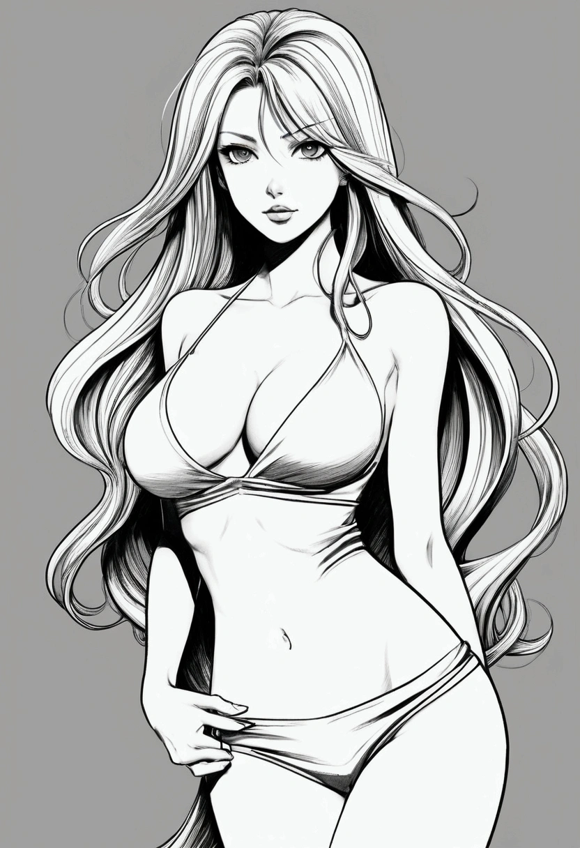 Draw a sexy female character in manga style. She must have long flowing hair, expressive eyes and a slender, curvaceous figure. Dress her in an outfit that highlights her curves, like a form-fitting dress or a stylish combat outfit, with details that enhance your sensuality. Your pose should be confident and seductive, maybe with a hand on your hip and a provocative look. The background can be simple, with elements that complement your figure, like a gentle breeze moving your hair or a soft light that highlights your features."