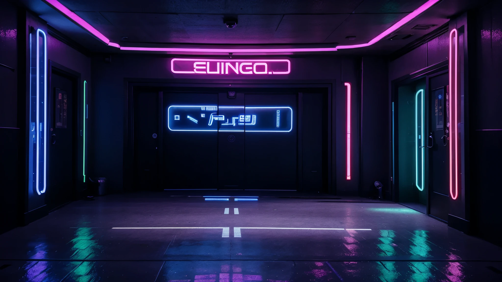 Large empty hall, cyberpunk style, neon lights, a neon door in the center of the living room, Rich in details, cinematographic, large LED panel on the background wall
