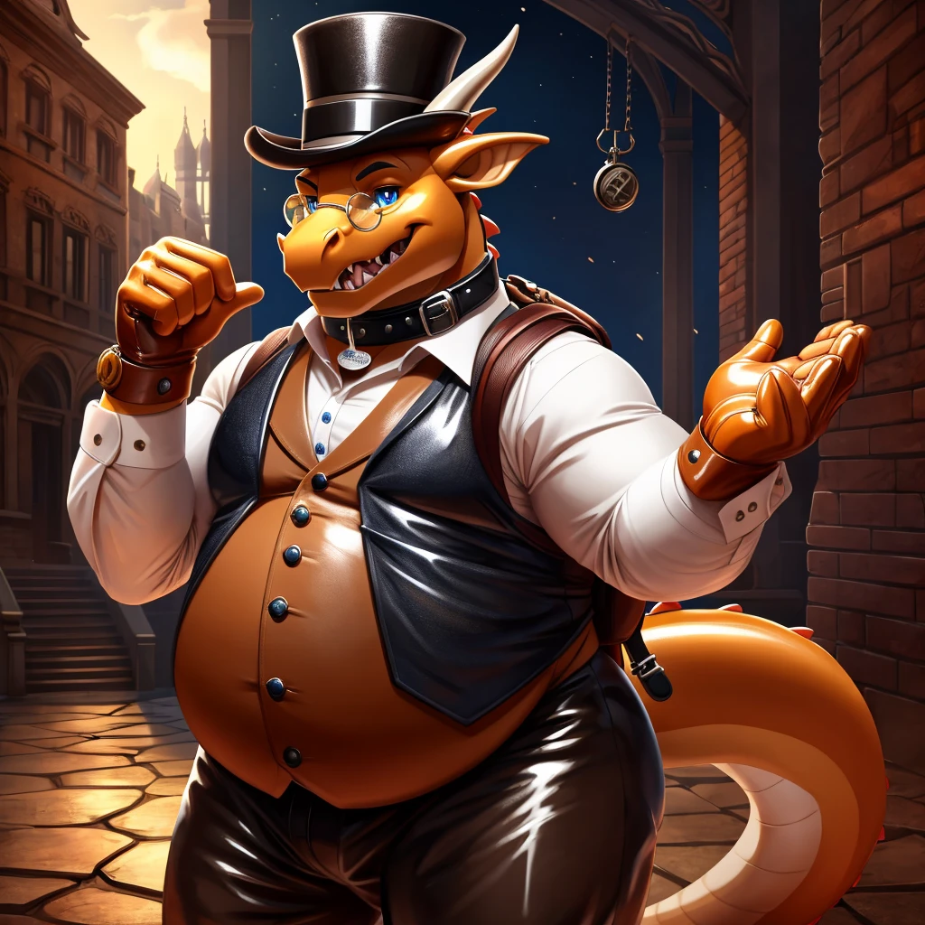 Solo, Male, fat, extremely obese, gentleman, dapper Professor Dragon, wiggling his fingers, blue eyes, (posing:1.3), (soft shading), 4k, hi res, ((detailed face, detailed)), looking at viewer, mouth wide open, steampunk, collared shirt with buttons, top hat, male focus, Explorer Outfit, glasses, monocle, bag, vest with buttons, backpack, sleeves rolled up, round eyewear, brown headwear, brown vest, Dragon is wearing a glossy leather dog collar around the neck, Dragon is wearing the leather collar and shirt and vest at the same time, Dragon is wearing glossy white rubber gloves on the hands, wearing white rubber gloves on the feet, gloves are rubber in texture, clenching teeth, leather collar is glossy and shiny with a lot of detail, Dragon is wearing gloves and leather collar at the same time, leather collar has a round dog-tag, leather collar is thick and detailed.