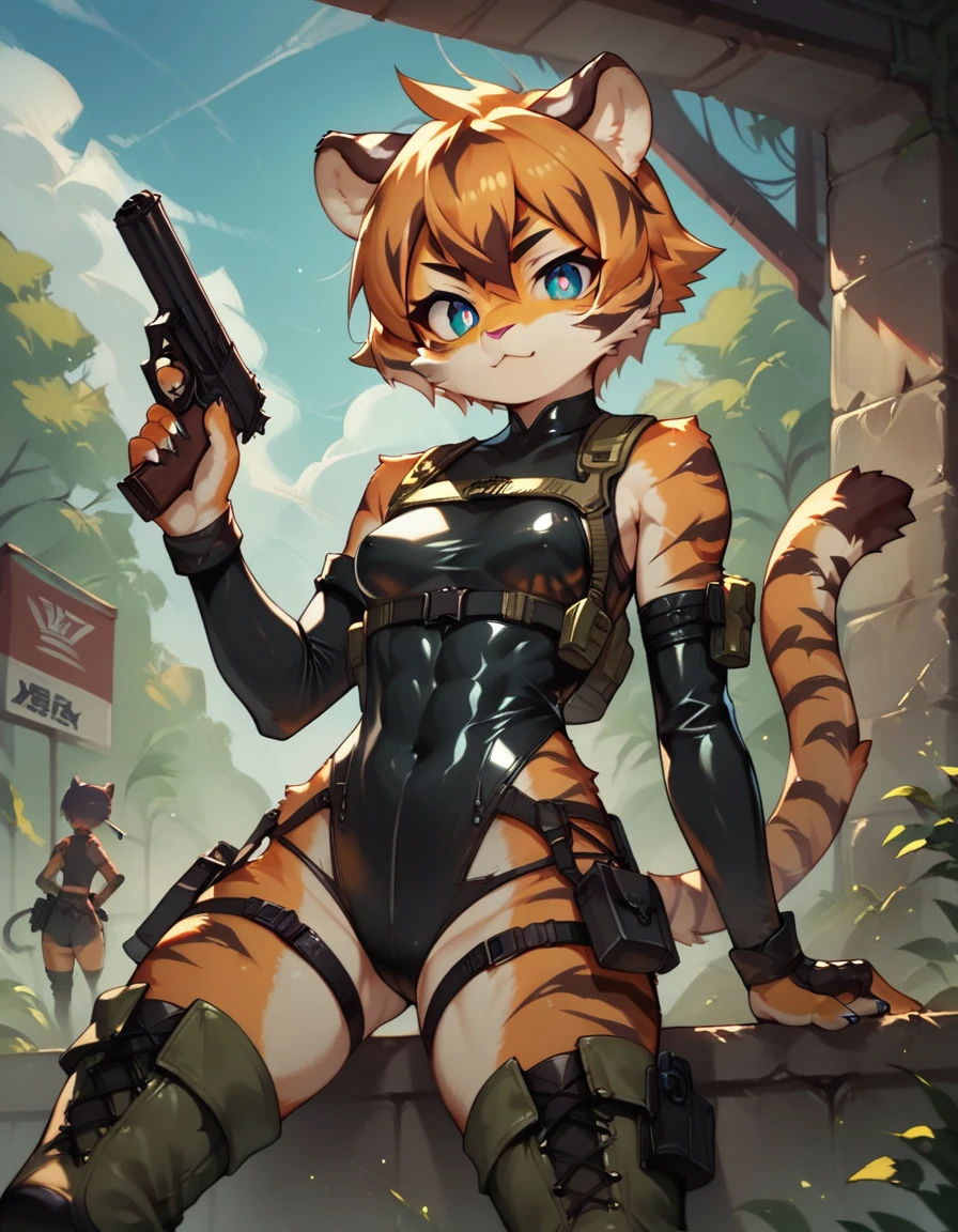 score_9, score_8_up) score_7_up, score_6_up, solo, tiger, kemono, anthro, cute, short hair, blue eyes, white pupils, sexy pose, orange fur, tactical harness, croptop, thigh high boots, assassin girl, mesh body suit, tactical gloves, latex, small breasts, outside, pistol, tusk,