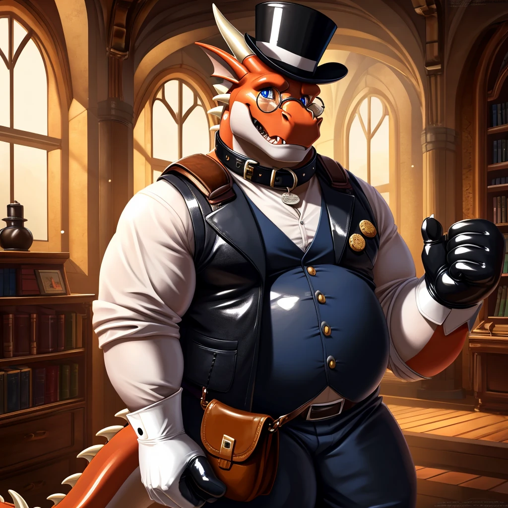 Solo, Male, fat, extremely obese, gentleman, dapper Professor Dragon, slamming fists, blue eyes, (posing:1.3), (soft shading), 4k, hi res, ((detailed face, detailed)), looking at viewer, mouth wide open, steampunk, collared shirt with buttons, top hat, male focus, Explorer Outfit, glasses, monocle, bag, vest with buttons, backpack, sleeves rolled up, round eyewear, brown headwear, brown vest, Dragon is wearing a glossy leather dog collar around the neck, Dragon is wearing the leather collar and shirt and vest at the same time, Dragon is wearing glossy white rubber gloves on the hands, wearing white rubber gloves on the feet, gloves are rubber in texture, clenching teeth, leather collar is glossy and shiny with a lot of detail, Dragon is wearing gloves and leather collar at the same time, leather collar has a round dog-tag, leather collar is thick and detailed.