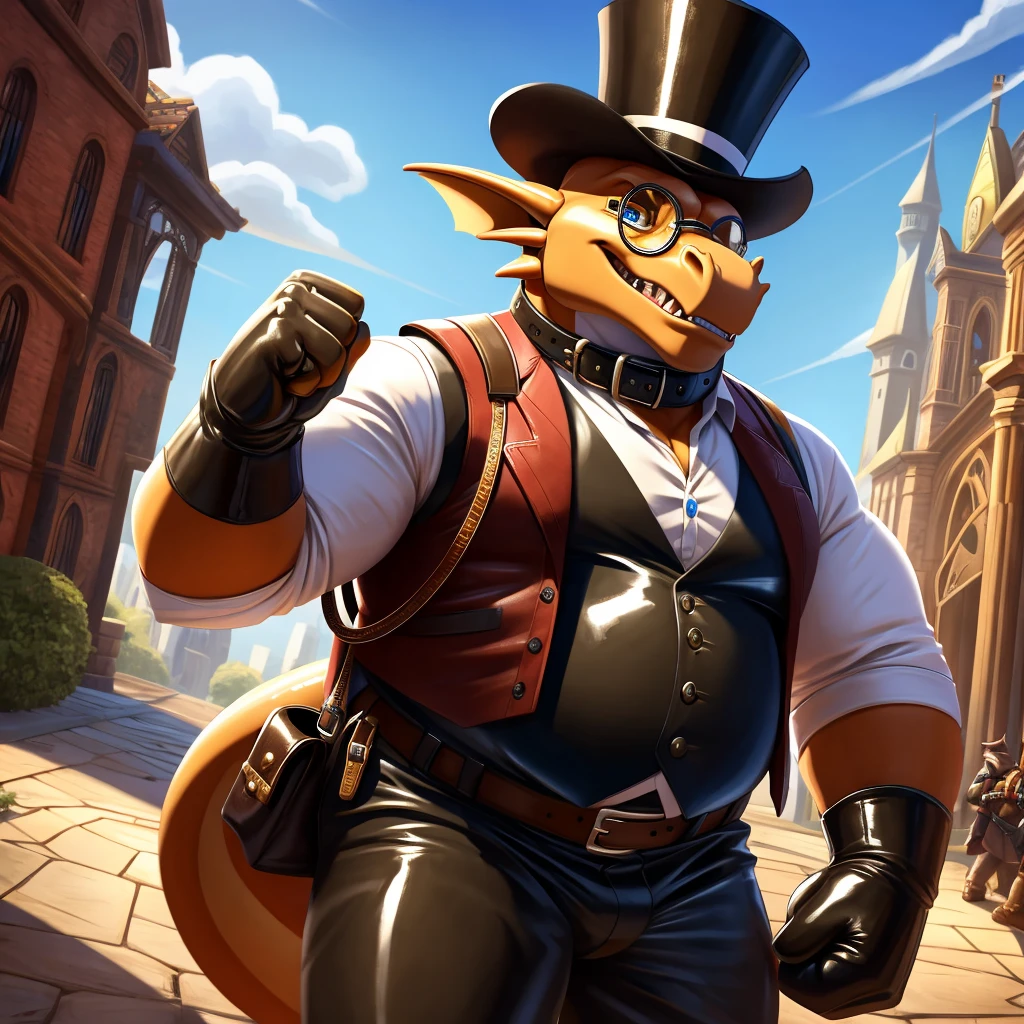 Solo, Male, fat, extremely obese, gentleman, dapper Professor Dragon, slamming fists, blue eyes, (posing:1.3), (soft shading), 4k, hi res, ((detailed face, detailed)), looking at viewer, mouth wide open, steampunk, collared shirt with buttons, top hat, male focus, Explorer Outfit, glasses, monocle, bag, vest with buttons, backpack, sleeves rolled up, round eyewear, brown headwear, brown vest, Dragon is wearing a glossy leather dog collar around the neck, Dragon is wearing the leather collar and shirt and vest at the same time, Dragon is wearing glossy white rubber gloves on the hands, wearing white rubber gloves on the feet, gloves are rubber in texture, clenching teeth, leather collar is glossy and shiny with a lot of detail, Dragon is wearing gloves and leather collar at the same time, leather collar has a round dog-tag, leather collar is thick and detailed.