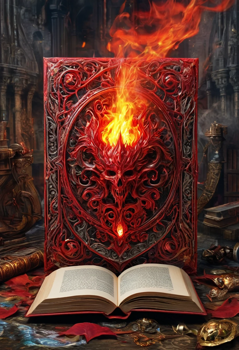 a picture of a book with a red flame on it, may), chaos, chaos magick, manipulation, divine chaos engine, litrpg novel cover, fantasy book illustration, by Lisa Nankivil, warhammer chaos, fantasy book cover, manipulative, fantasy rpg book illustration, chaos!!!, by Jesús Mari Lazkano, by Julius Hatofsky