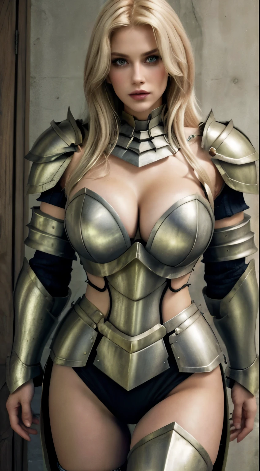 (Feminine masterpiece) short clothing, breasts big, hair blonde, and armor coverage, the lower part of the body