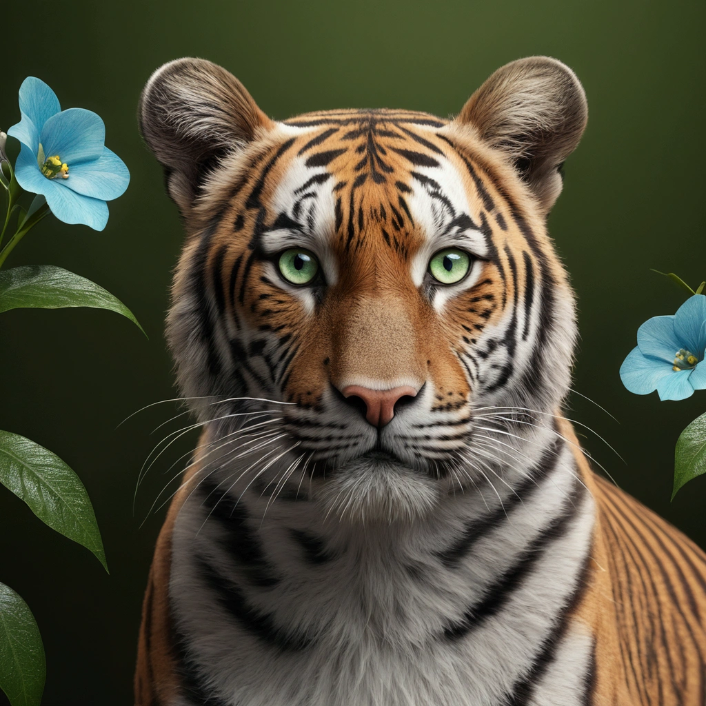 (best quality,4K,8K,highres,​masterpiece:1.2),Ultra-detail,(realisti,photorealisti,photo-realisti:1.37),Illustration,animal,Standing position from the front,blue,grau,brown,bright green eyes,floral background