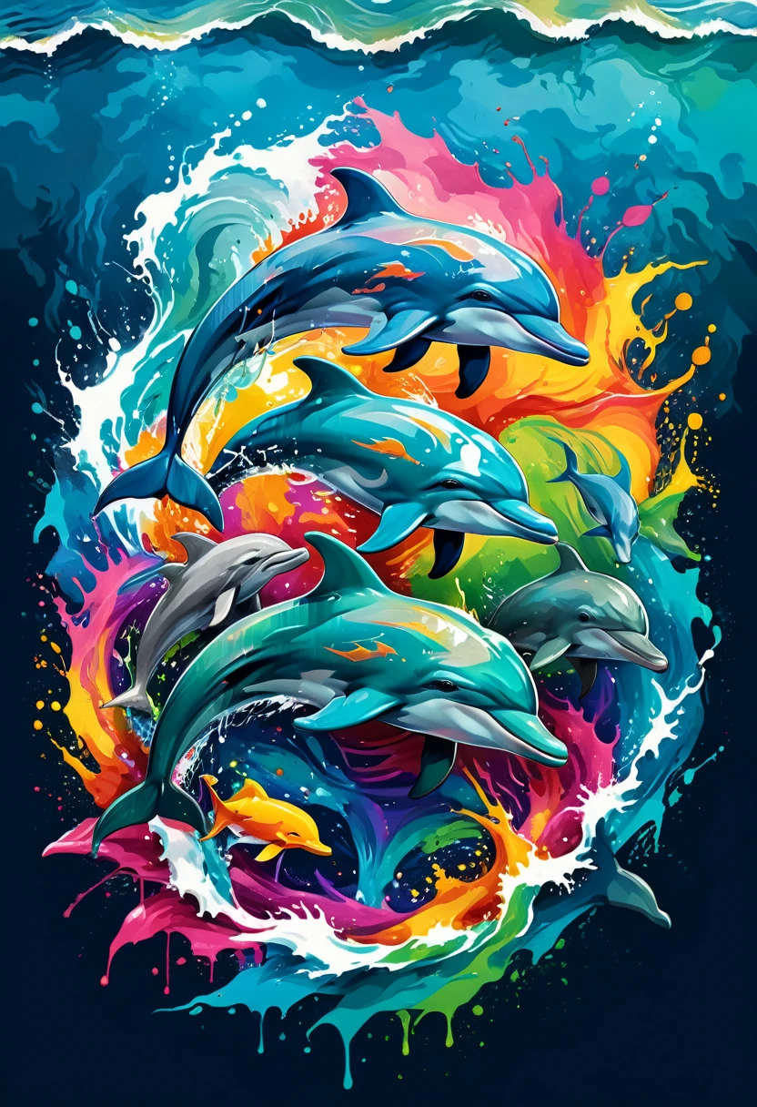A t-shirt with a colorful illustration of dolphins in the middle of the sea, At the center, swirly vibrant colors, paint splashes and smears, ultra details, in bold outline style, jagged edges, trashcore, light shading --v 5.2, 32K Quality,Remove background image (work of art, best qualityer, proffesional, perfect composition, very aesthetic, absurdrez, super verbose, details Intricate:1.3)