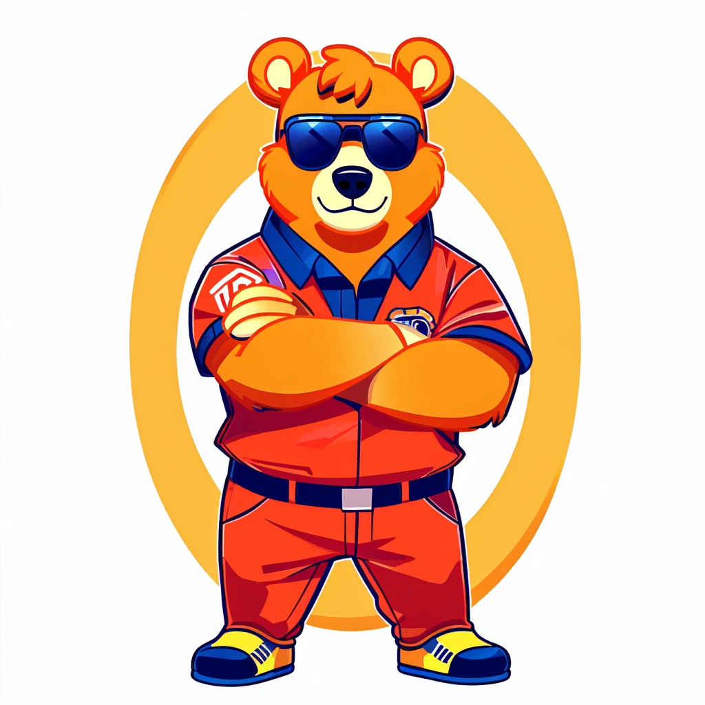 Just Dance,Wear a shirt、Wearing sunglasses、cartoon bear with crossed arms, Full body mascot, ( bear wearing sunglasses, dancing character, Created using Adobe Illustrator, Teddy Fresh, Orange body, Created using Adobe Illustrator, Cartoon shading:15, Official Art, Merge roles, an anthropomorphic deer, Official illustrations, Full body clothing, Low resolution, posture