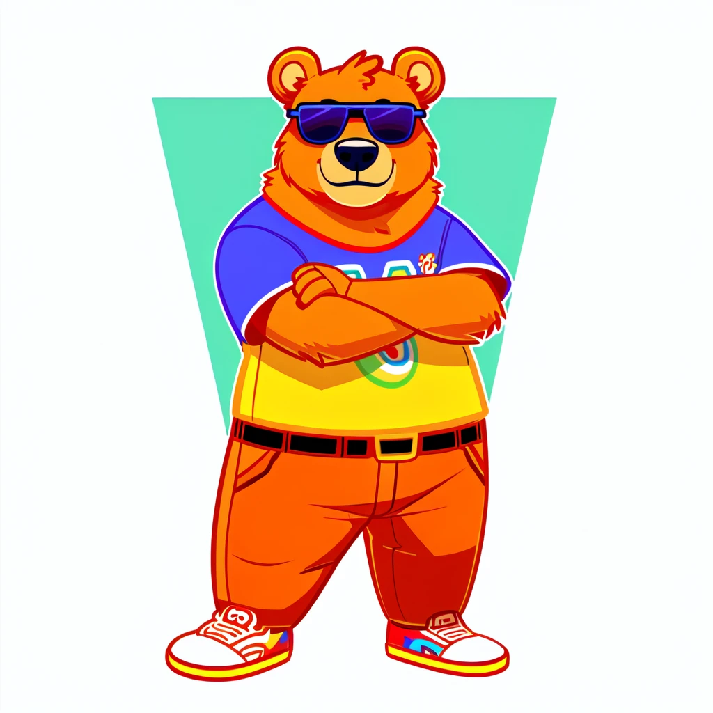Just Dance,Wear a shirt、Wearing sunglasses、cartoon bear with crossed arms, Full body mascot, ( bear wearing sunglasses, dancing character, Created using Adobe Illustrator, Teddy Fresh, Orange body, Created using Adobe Illustrator, Cartoon shading:15, Official Art, Merge roles, an anthropomorphic deer, Official illustrations, Full body clothing, Low resolution, posture