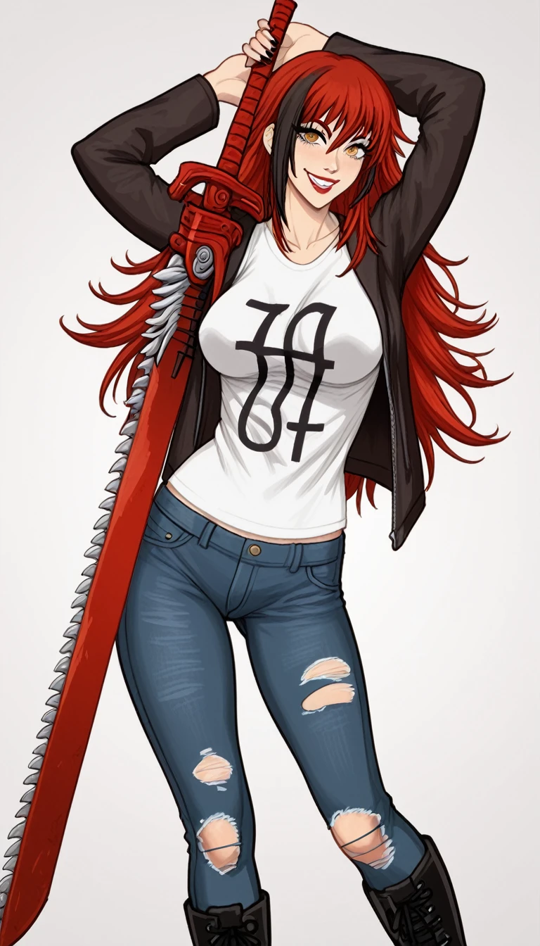 anime fantasy anthro style, a beautiful adventurer, (wolf with white fur), ((long red hair with black highlights)), open jacket over a loose t-shirt, short jeans shots, ripped tights, boots, hourglass body, mature beauty, (((posing with a big stylish chainsaw sword))), confident smile. Highly detailed, fantastic action scene