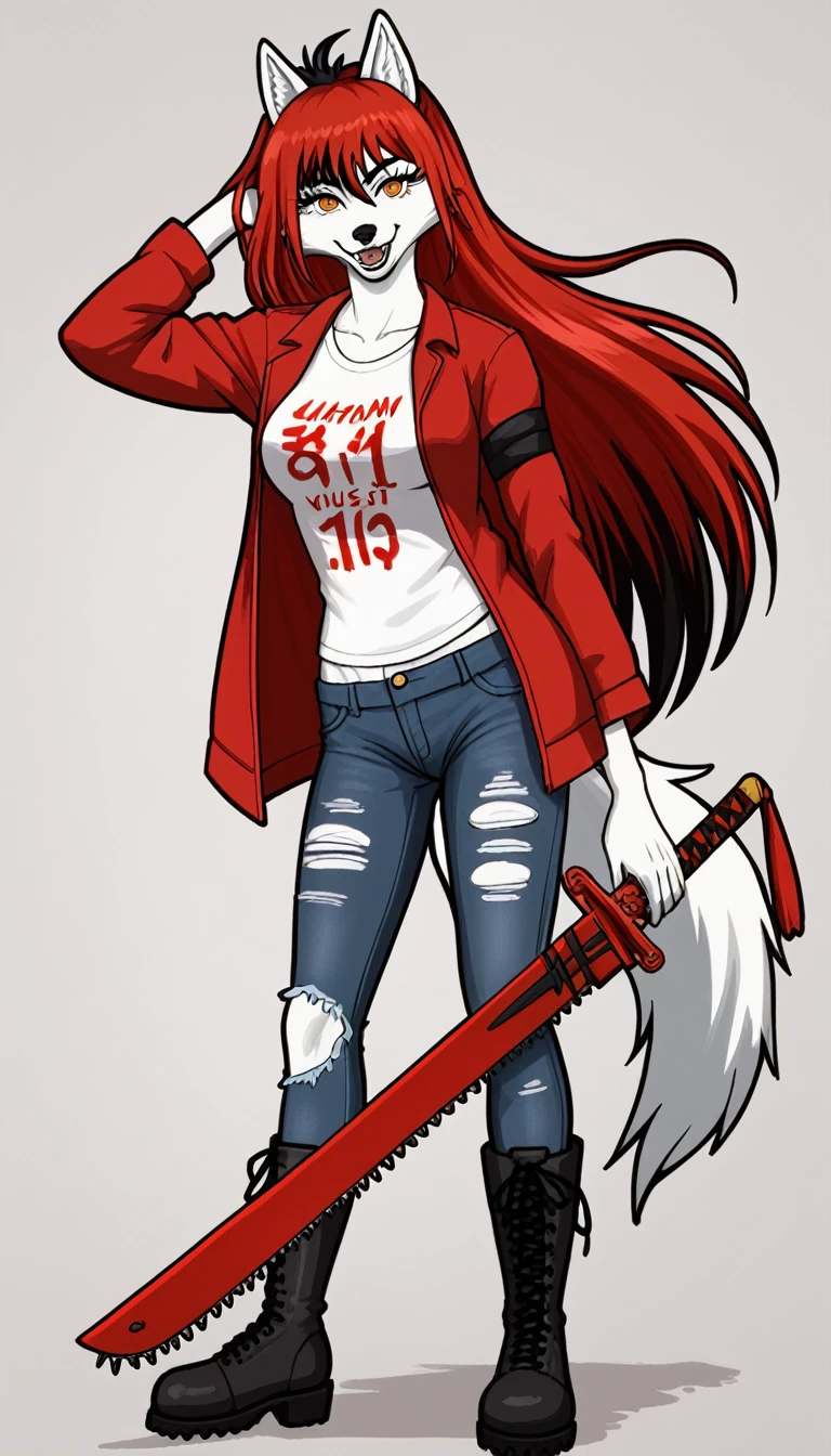 anime fantasy anthro style, a beautiful adventurer, (wolf with white fur), ((long red hair with black highlights)), open jacket over a loose t-shirt, short jeans shots, ripped tights, boots, hourglass body, mature beauty, (((posing with a big stylish chainsaw sword))), confident smile. Highly detailed, fantastic action scene