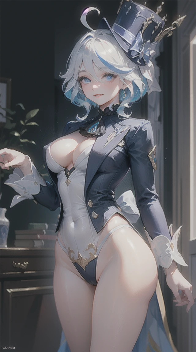 ((masterpiece)),(Best quality),((ultra detailed)), ((beautiful detailed sky)), ((Cinematic lighting)), depth of field,detailed lighting,((beautiful detailed eyes)), red lip, (whole body), standing, smile,eyeshadow,big breasts, split,((sexual)), ((furinadef))