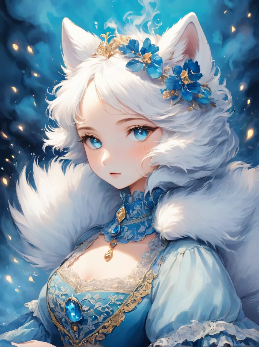 (best quality,masterpiece:1.2,detailed details),(1 cute arctic fox, gold eyes, fluffy hair),(blue victorian style dress), dark, engulfed in smoke