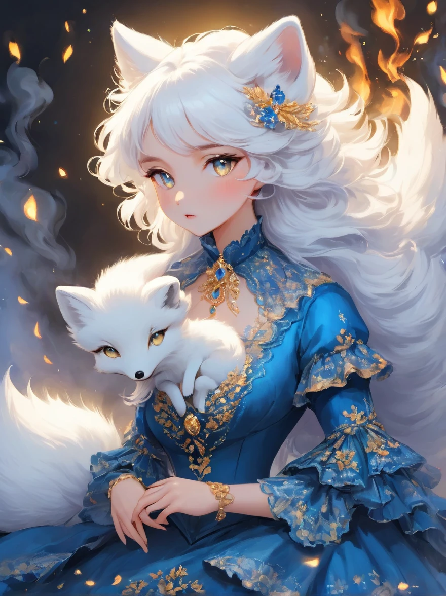 (best quality,masterpiece:1.2,detailed details),(1 cute arctic fox, gold eyes, fluffy hair),(blue victorian style dress), dark, engulfed in smoke