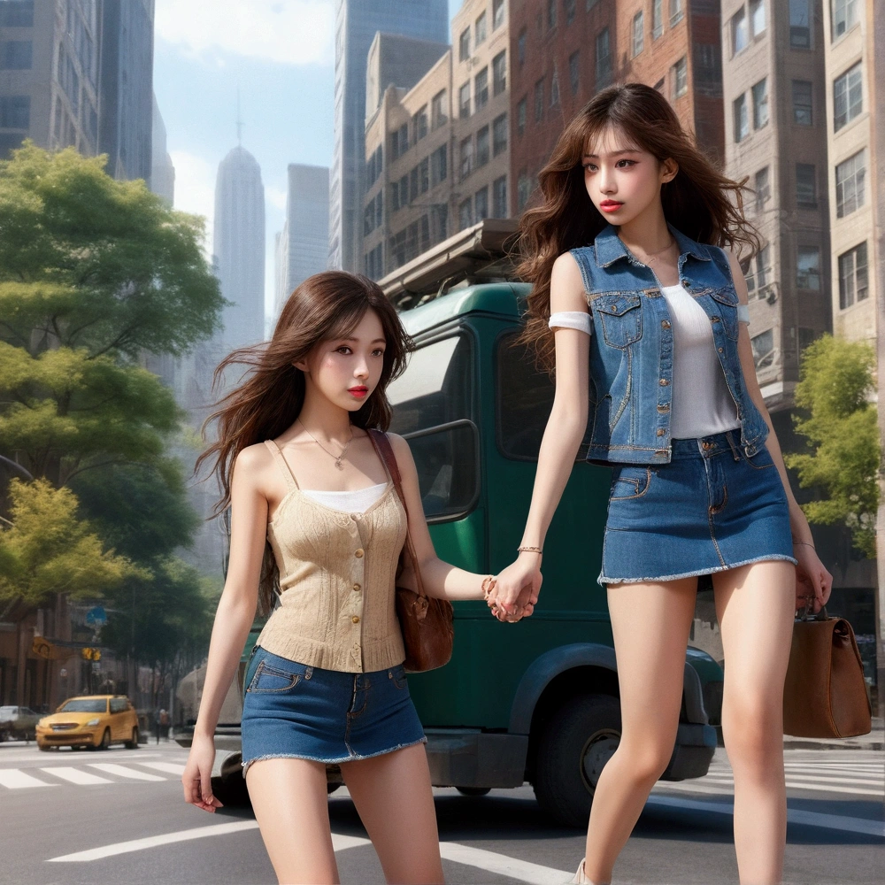 (two women walking across a street holding hands, (both wearing denim mini skirt), high detail, detailed faces, beautiful detailed eyes, beautiful detailed lips, extremely detailed eyes and face, long eyelashes, detailed clothing, beautiful, photorealistic, 8k, high resolution, hyper detailed, intricate details, cinematic lighting, soft natural lighting, warm color palette, vibrant colors, realistic textures, atmospheric, architectural background, urban setting, cityscape, street, crosswalk, photographic, fine art photography style)