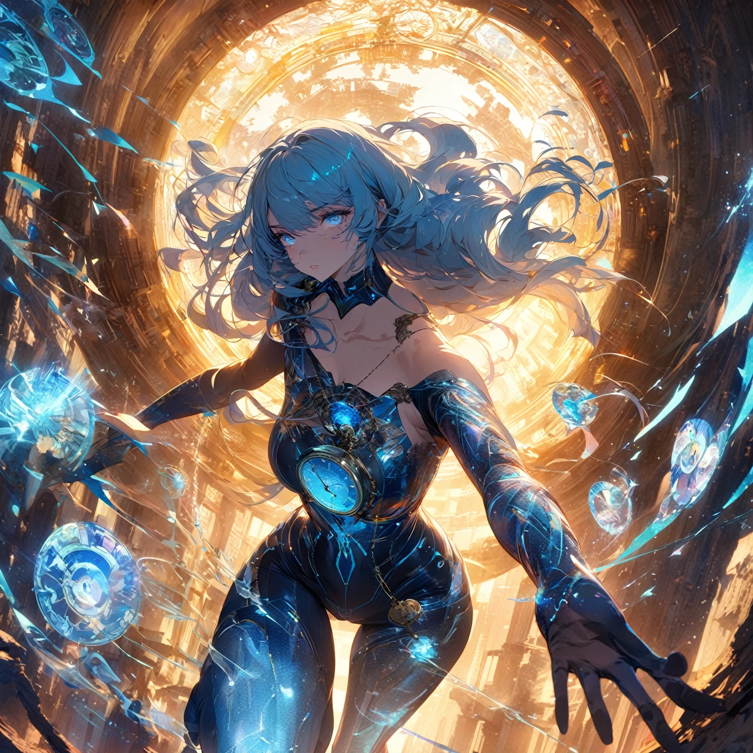 A determined and focused girl with a calm intensity in her eyes, (nude:0.8), slightly distant as if seeing through time. She has long, flowing hair with streaks of silver and blue that shimmer and change with the light. Her deep blue eyes have flecks of gold, symbolizing her connection to infinite timelines. She wears a form-fitting, high-tech bodysuit in shades of midnight blue and silver, adorned with clock gear and constellation patterns. In a dynamic, slightly crouched position, one foot forward as if stepping through a portal. Her right hand extends forward, fingers splayed and glowing with ethereal light, while her left hand cradles an antique pocket watch close to her chest. Surrounded by swirling, translucent time streams that shimmer with iridescent colors. The background is a swirling vortex of temporal energy, with fragments of ancient ruins, futuristic cities, and natural landscapes blending seamlessly. The colors are vibrant and constantly shifting, creating a surreal and timeless environment. She exudes confidence and mastery over her time-manipulating powers, with a semi-transparent, shifting cape trailing behind her, detailed gorgeous face| anime style| key visual| intricate detail| highly detailed| breathtaking| vibrant| panoramic| cinematic| Carne Griffiths| Conrad Roset| gibbli 8k