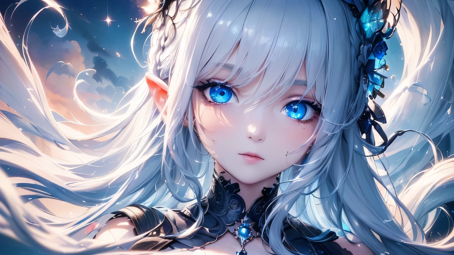 4K quality:1.2,1girl,sense of deps,disorganized,catch light,Super beautiful illustration,((White,long hairstyles:1.3)),dark dark eyeshadow,(((4k,super beautiful,In detail,blue eyes))),bright red lipstick,gothic lolita,;D,beautiful and delicate hair