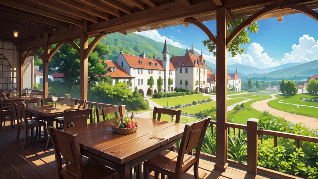 Medieval European style building、Cafe Terrace、countryside、Different world、Peaceful、Cafe Terraceからの風景、Fantasy、High quality