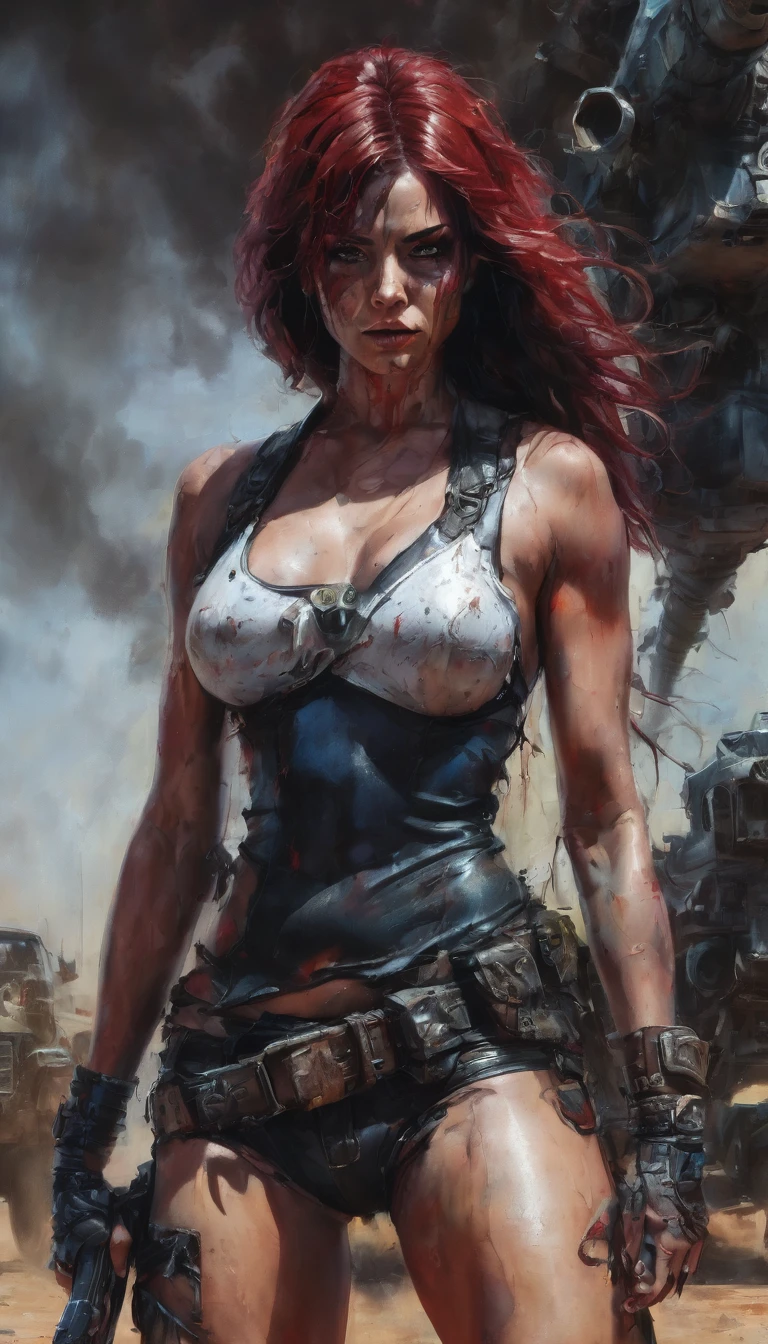 A post-apocalyptic warrior, a 35-year-old woman almost naked in the Simon Bisley style for the cover of Heavy Metal magazine, red leather top, half black half white, minimal clothing, Short clothes, detailed face and body, dramatic lighting, vibrant colors, dystopian, sandy, cinematographic, Masterpiece, hyper detailed, ultra realistic, 8k, Very detailed