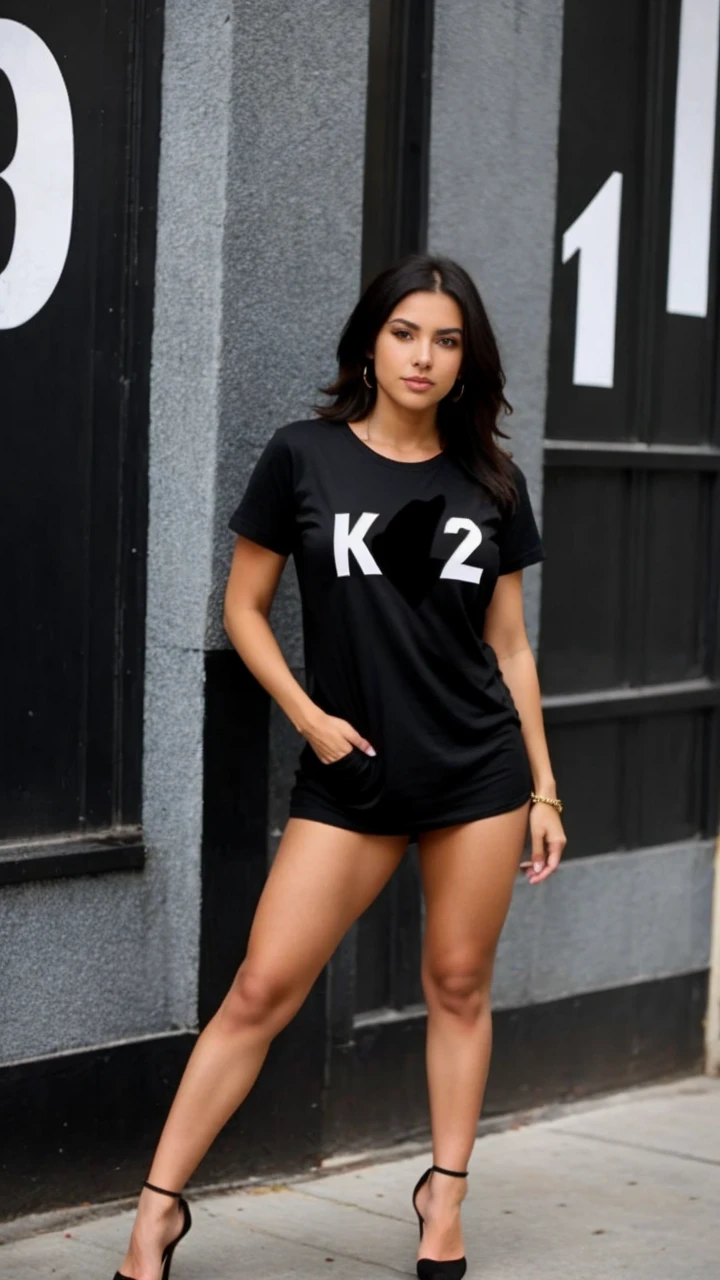 Beautiful brunette, Highly detailed, 22 years old,con tshirt negra y falda corta  de pie ,en high heels 