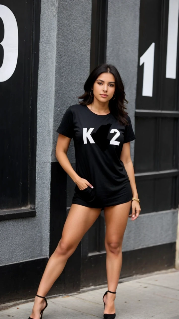 Beautiful brunette, Highly detailed, 22 years old,con tshirt negra y falda corta de pie ,en high heels