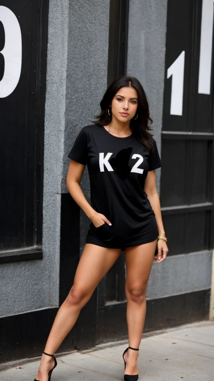 Beautiful brunette, Highly detailed, 22 years old,con tshirt negra y falda corta de pie ,en high heels
