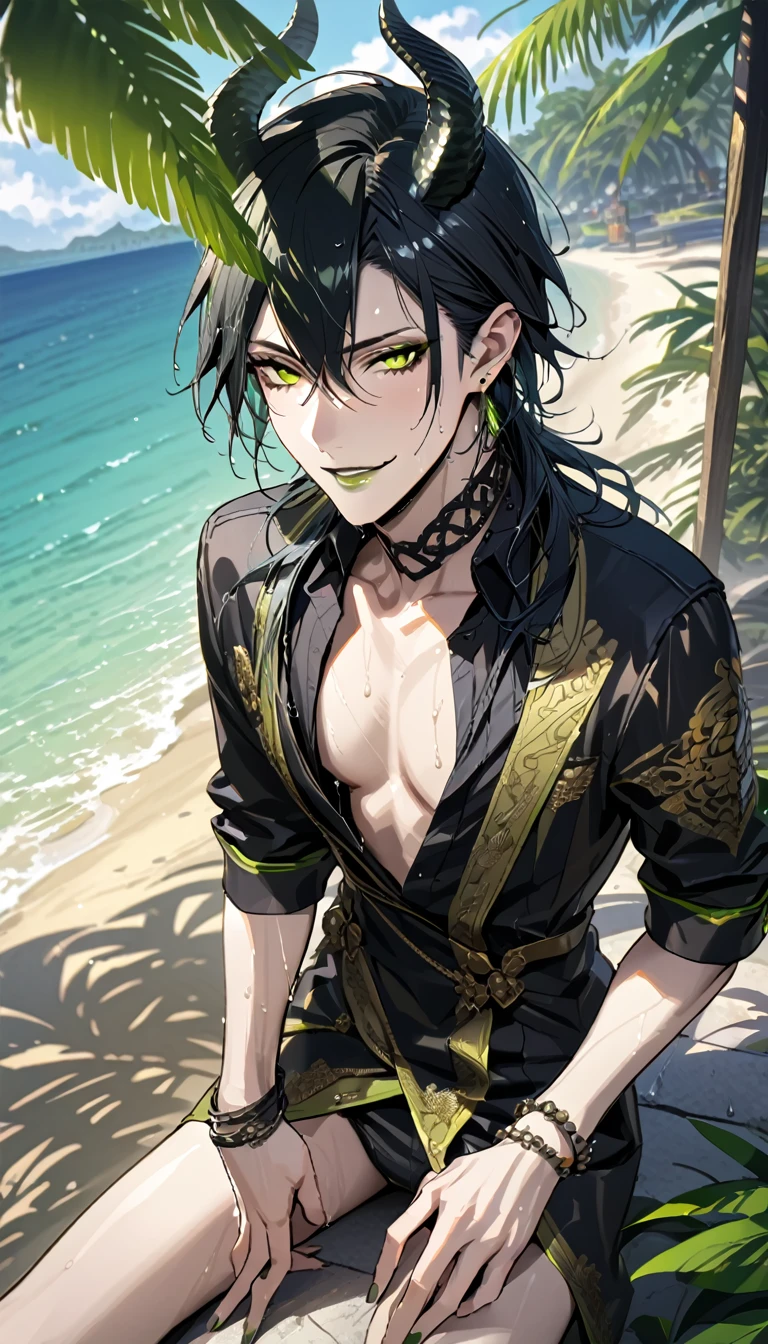 masterpiece, highres, absurdres, illustration, ((masterpiece:1.4, best quality)), (Ultra detailed background), 1boy, handsome man, highly detailed beautiful face and eyes, beautiful eyes, (sharp detail:1.3), shiny, earrings, bracelet, (wet bikini:1.3), Bari, Cebu Island, plumeria, near the beach, 1boy, sitting on floor, dynamic angle, full body, malleus draconia (twisted wonderland) horns, bishounen, boy, male, yana Toboso style, long hair, black hair, yellow green eyes, smile, gray lips, handsome, skinny, tall, yellow green glow,AddXL