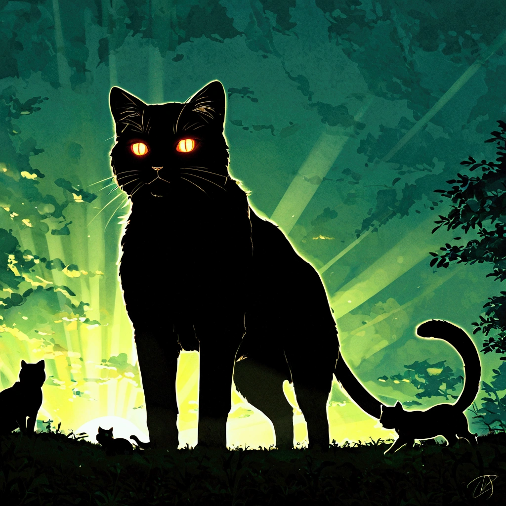 score 9, source anime, no human, animal, cat, silhouette, glowing eyes, sunlight, hyper detailed, 8k, masterpiece, 